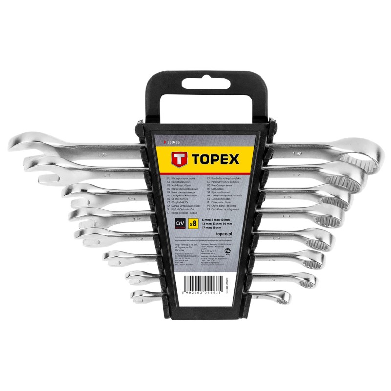 TOPEX 35D756 Klucze płasko-oczkowe 6-19 mm, zestaw 8 szt.