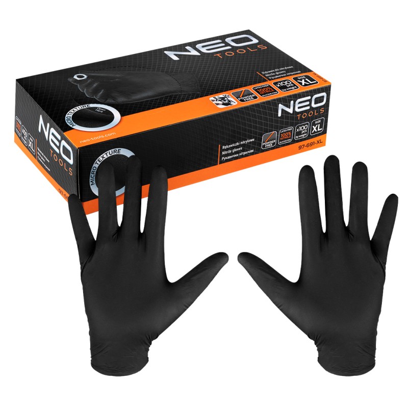 NEO TOOLS 97-691-XL Rękawiczki nitrylowe, czarne, 100 sztuk, rozmiar XL