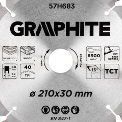 GRAPHITE 57H683 Tarcza do pilarki, widiowa, 210 x 30 mm, 40 zębów 