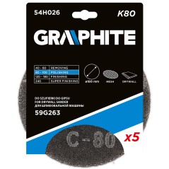 GRAPHITE 54H026 Siatka ścierna do gipsu na rzep 180 mm, K80, 5szt do szlifierki 59G263 