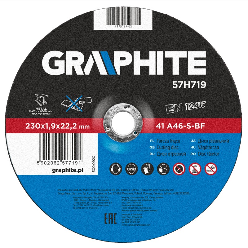 GRAPHITE 57H719 Tarcza tnąca do metalu 230 x 1.9 x 22.2 mm, 41 A46-S-BF