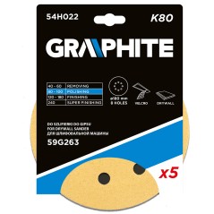 GRAPHITE 54H022 Papier ścierny na rzep 180 mm, K80, 5 szt., z 8 otworami do szlifierki 59G263 