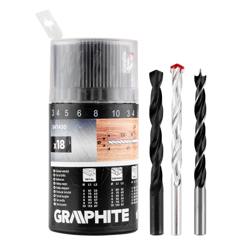 GRAPHITE 54T430 Zestaw wierteł do metalu, drewna, cegły: 3, 4, 5, 6, 8, 10 mm, 18 szt.