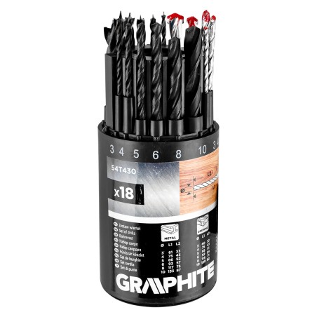 GRAPHITE 54T430 Zestaw wierteł do metalu, drewna, cegły: 3, 4, 5, 6, 8, 10 mm, 18 szt.