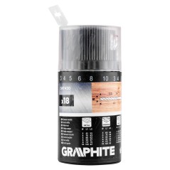 GRAPHITE 54T430 Zestaw wierteł do metalu, drewna, cegły: 3, 4, 5, 6, 8, 10 mm, 18 szt. 