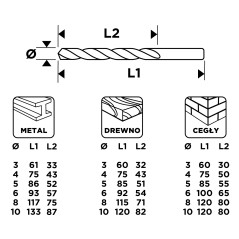 GRAPHITE 54T430 Zestaw wierteł do metalu, drewna, cegły: 3, 4, 5, 6, 8, 10 mm, 18 szt. 