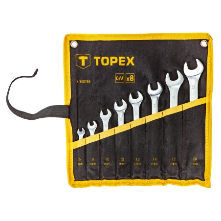 TOPEX 35D759 Klucze płasko-oczkowe 6-19 mm, zestaw 8 szt., w płachcie