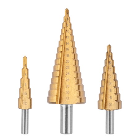 VERTO 60H820 Wiertła stopniowe 4-12, 4-20, 4-32 mm, TiN, zestaw 3 szt.