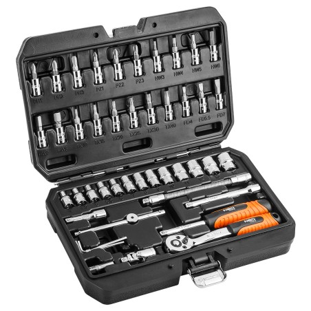 NEO TOOLS 08-660 Klucze nasadowe, 1/4”, CrV, zestaw 46 szt.