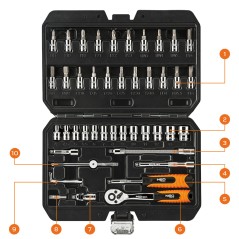 NEO TOOLS 08-660 Klucze nasadowe, 1/4”, CrV, zestaw 46 szt. 