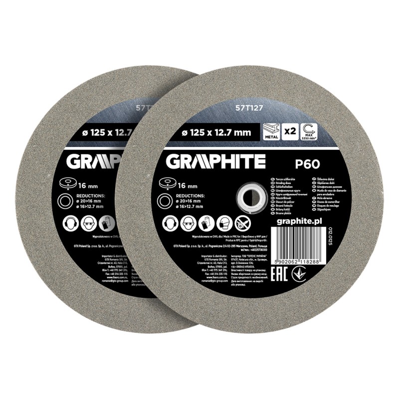 GRAPHITE 57T127 Tarcze szlifierskie 125 x 20/16/12.7 x 16 mm, P60, 2 szt.