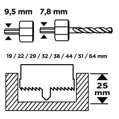 GRAPHITE 56T748 Otwornice do drewna z adapterami 19 - 64 mm, zestaw 12 szt. 