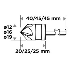 GRAPHITE 54T423 Zestaw fazowników Hex, 12, 16, 19 mm, zestaw 3 szt. 
