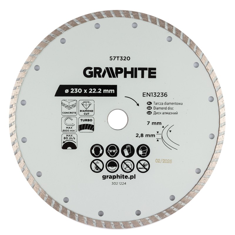 GRAPHITE 57T320 Tarcza diamentowa do cięcia turbo, 230 x 22.22 mm, na sucho