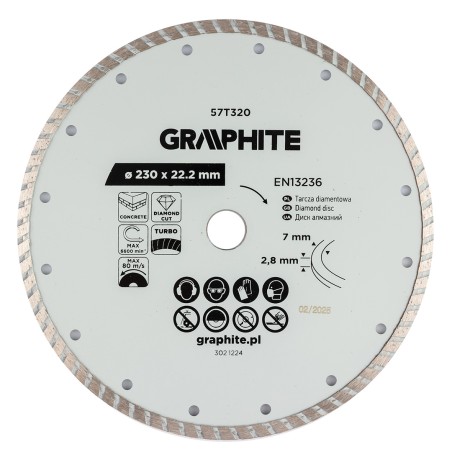 GRAPHITE 57T320 Tarcza diamentowa do cięcia turbo, 230 x 22.22 mm, na sucho