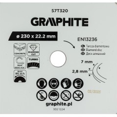 GRAPHITE 57T320 Tarcza diamentowa do cięcia turbo, 230 x 22.22 mm, na sucho 