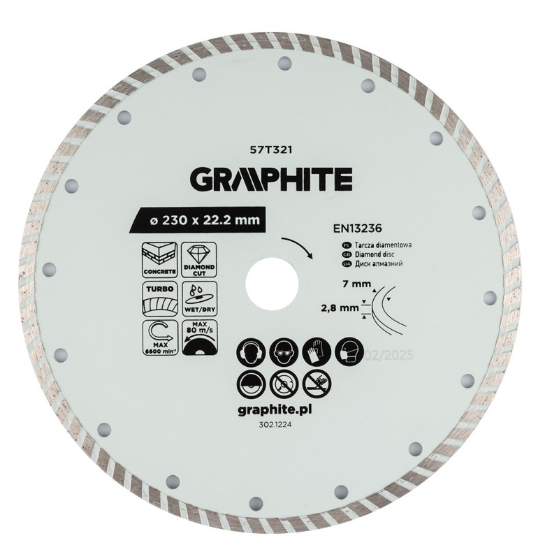 GRAPHITE 57T321 Tarcza diamentowa do cięcia turbo, 230 x 22.22 mm, na sucho i mokro