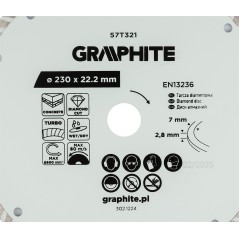 GRAPHITE 57T321 Tarcza diamentowa do cięcia turbo, 230 x 22.22 mm, na sucho i mokro 