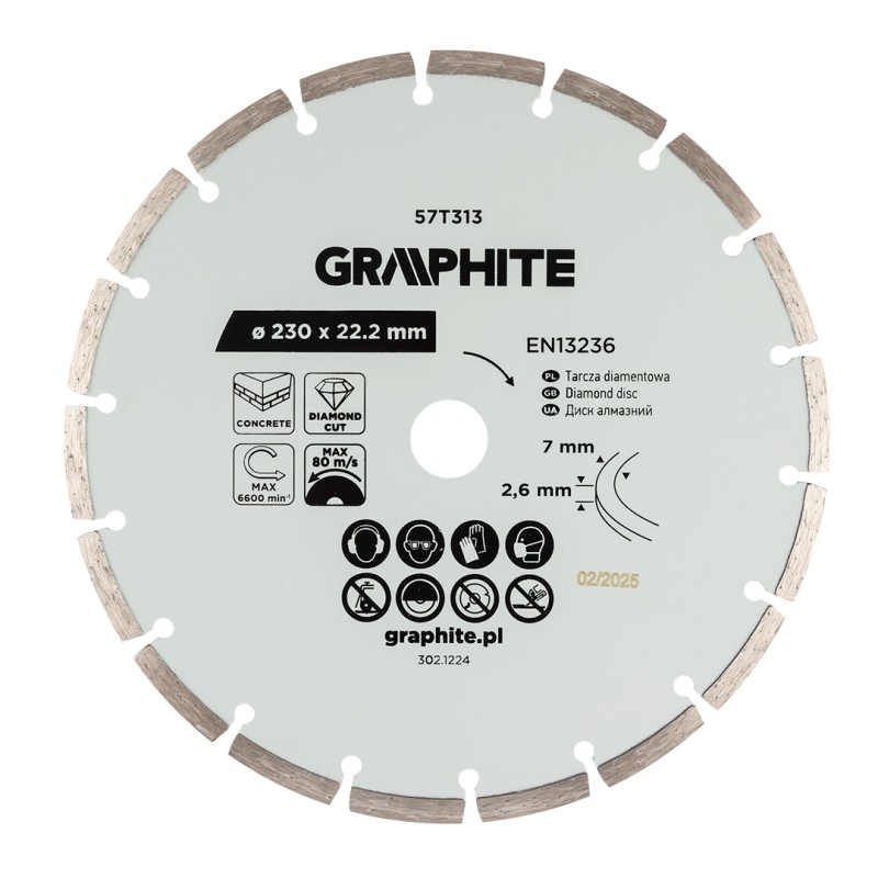 GRAPHITE 57T313 Tarcza diamentowa do cięcia segmentowa, 230 x 22.2 mm, na sucho