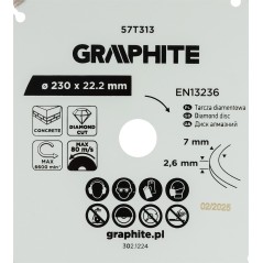 GRAPHITE 57T313 Tarcza diamentowa do cięcia segmentowa, 230 x 22.2 mm, na sucho 