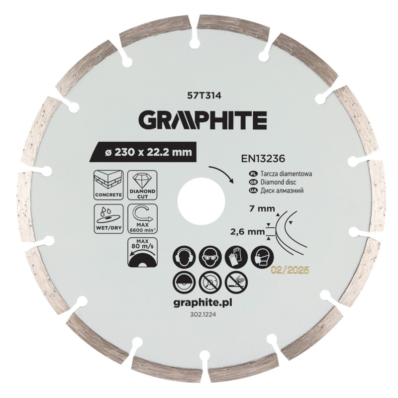 GRAPHITE 57T314 Tarcza diamentowa do cięcia segmentowa, 230 x 22.2 mm, na sucho i mokro
