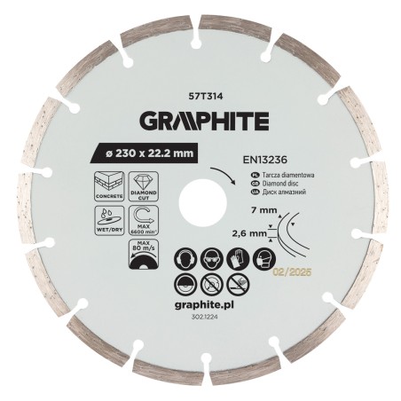 GRAPHITE 57T314 Tarcza diamentowa do cięcia segmentowa, 230 x 22.2 mm, na sucho i mokro