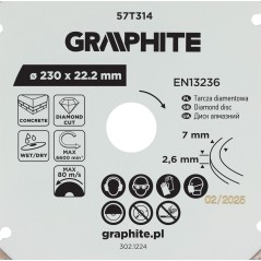 GRAPHITE 57T314 Tarcza diamentowa do cięcia segmentowa, 230 x 22.2 mm, na sucho i mokro 