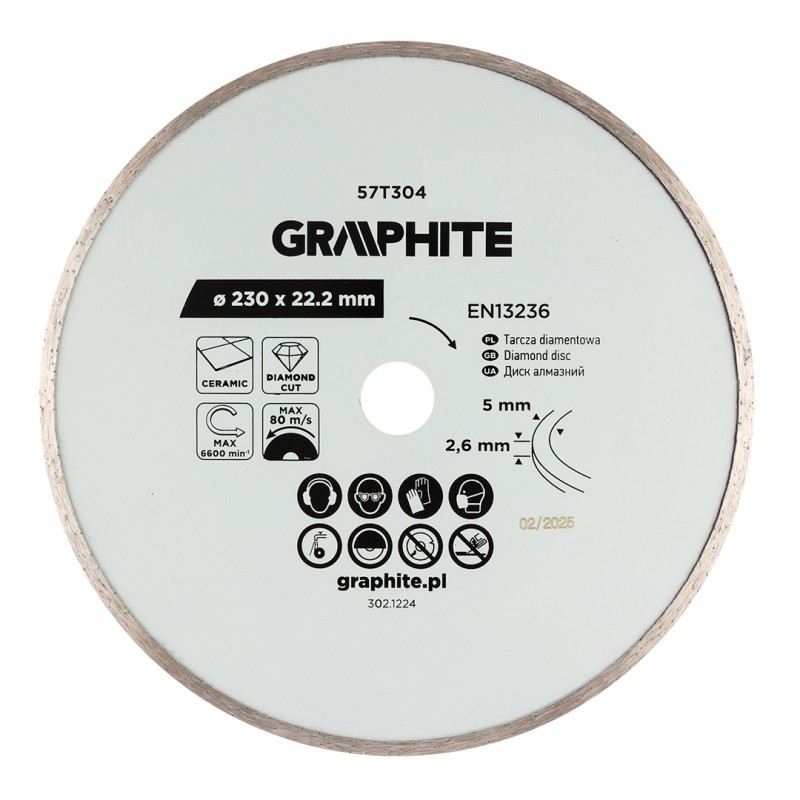 GRAPHITE 57T304 Tarcza diamentowa do cięcia pełna, 230 x 22.2 mm, na mokro