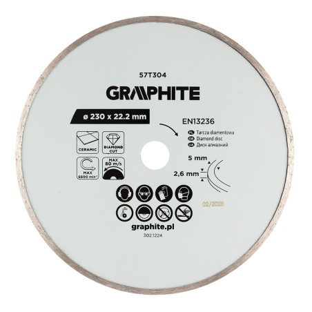 GRAPHITE 57T304 Tarcza diamentowa do cięcia pełna, 230 x 22.2 mm, na mokro