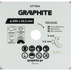 GRAPHITE 57T304 Tarcza diamentowa do cięcia pełna, 230 x 22.2 mm, na mokro 