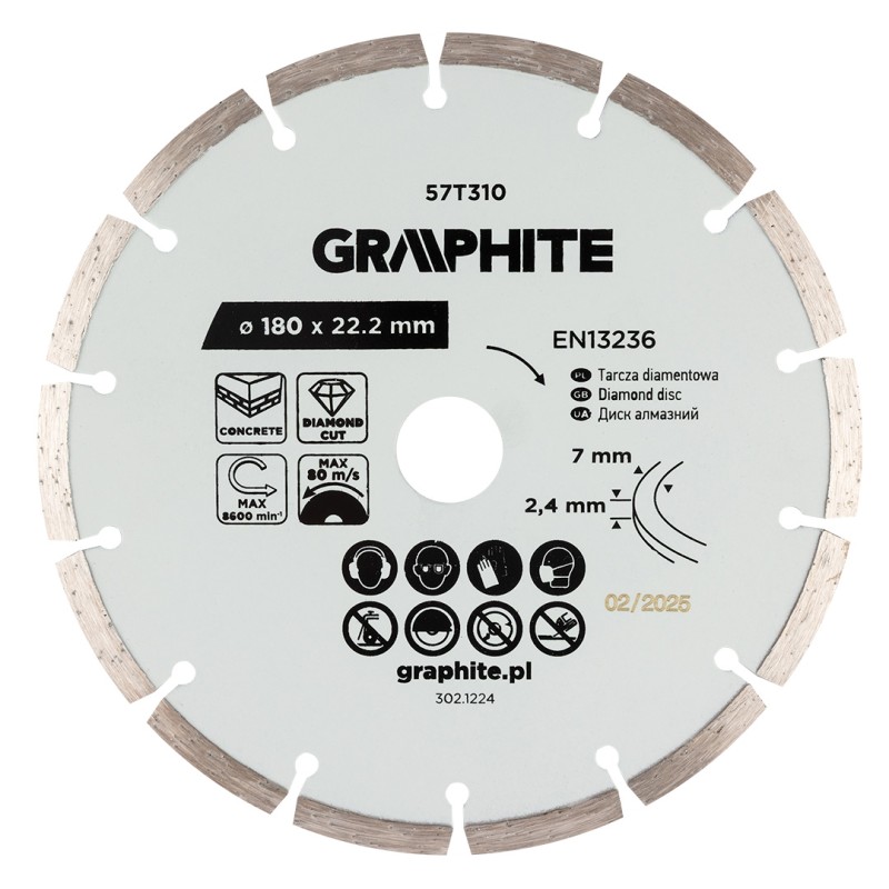 GRAPHITE 57T310 Tarcza diamentowa do cięcia segmentowa, 180 x 22.2 mm, na sucho
