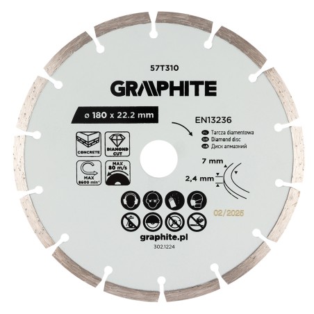 GRAPHITE 57T310 Tarcza diamentowa do cięcia segmentowa, 180 x 22.2 mm, na sucho