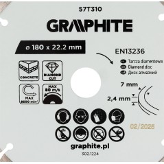 GRAPHITE 57T310 Tarcza diamentowa do cięcia segmentowa, 180 x 22.2 mm, na sucho 