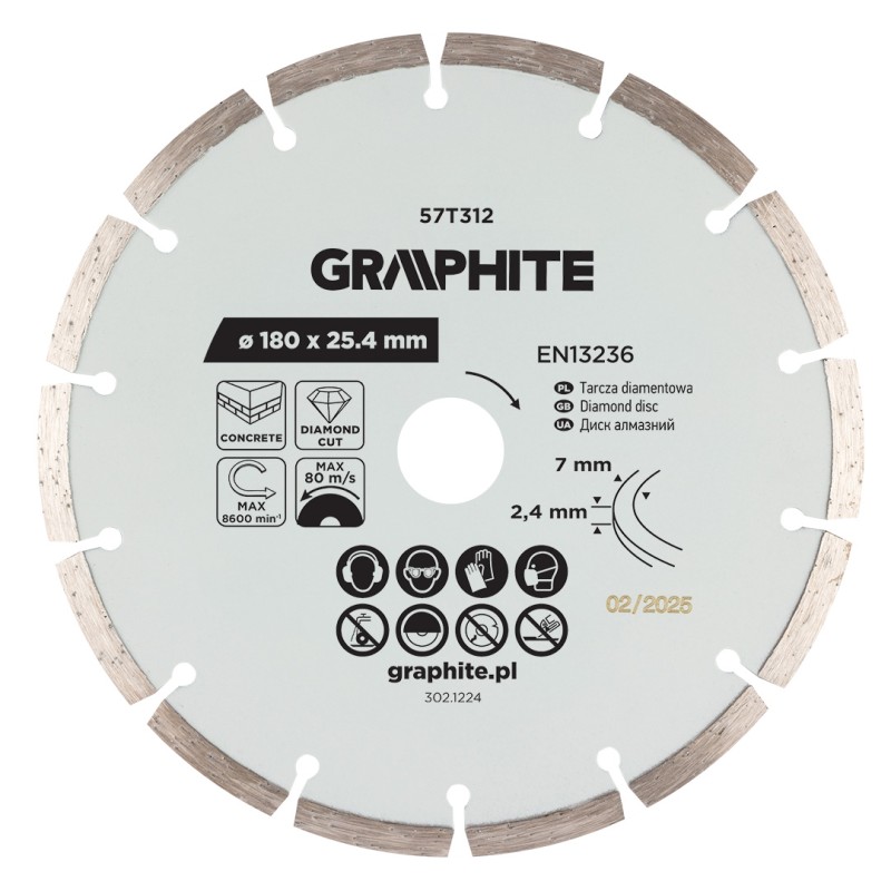 GRAPHITE 57T312 Tarcza diamentowa do cięcia segmentowa, 180 x 25.4 mm, na sucho