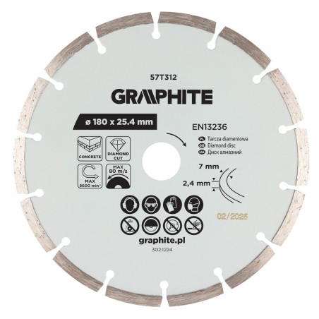 GRAPHITE 57T312 Tarcza diamentowa do cięcia segmentowa, 180 x 25.4 mm, na sucho