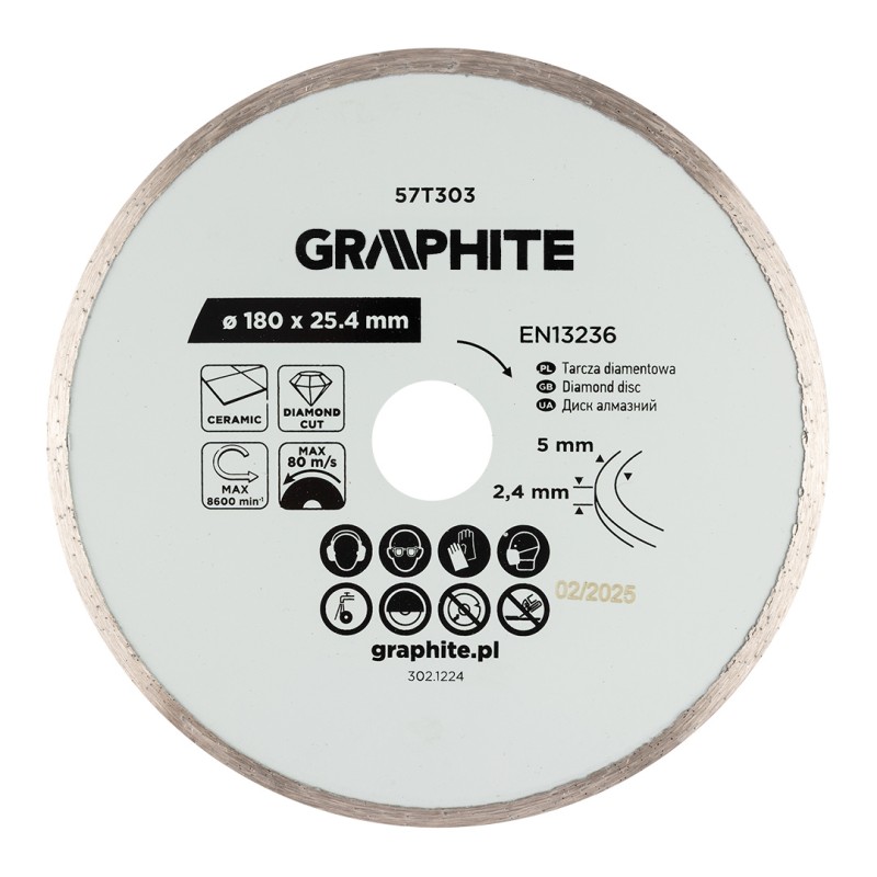 GRAPHITE 57T303 Tarcza diamentowa do cięcia pełna, 180 x 25.4 mm, na mokro