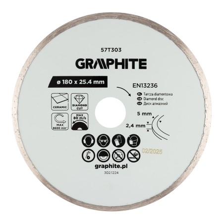 GRAPHITE 57T303 Tarcza diamentowa do cięcia pełna, 180 x 25.4 mm, na mokro
