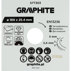 GRAPHITE 57T303 Tarcza diamentowa do cięcia pełna, 180 x 25.4 mm, na mokro 