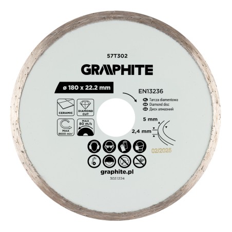GRAPHITE 57T302 Tarcza diamentowa do cięcia pełna, 180 x 22.2 mm, na mokro