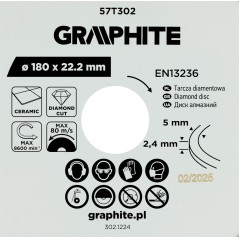 GRAPHITE 57T302 Tarcza diamentowa do cięcia pełna, 180 x 22.2 mm, na mokro