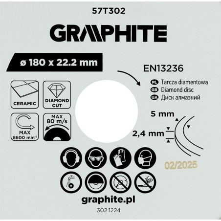 GRAPHITE 57T302 Tarcza diamentowa do cięcia pełna, 180 x 22.2 mm, na mokro