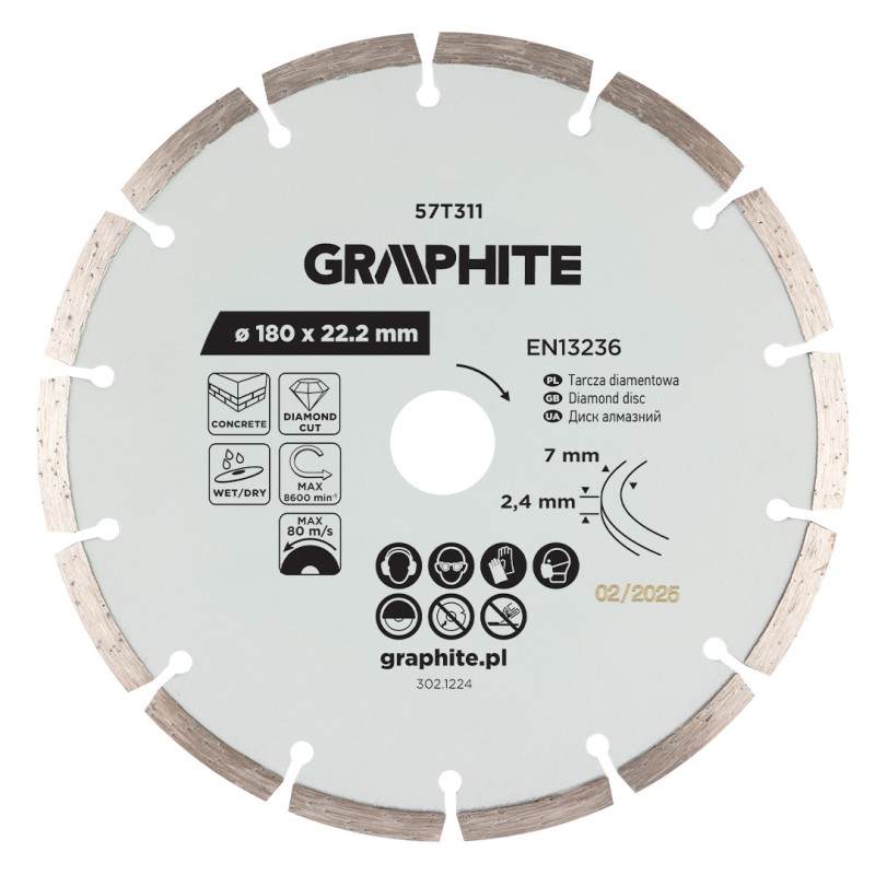 GRAPHITE 57T311 Tarcza diamentowa do cięcia segmentowa, 180 x 22.2 mm, na sucho i mokro