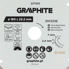 GRAPHITE 57T311 Tarcza diamentowa do cięcia segmentowa, 180 x 22.2 mm, na sucho i mokro 