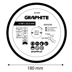 GRAPHITE 57T311 Tarcza diamentowa do cięcia segmentowa, 180 x 22.2 mm, na sucho i mokro 