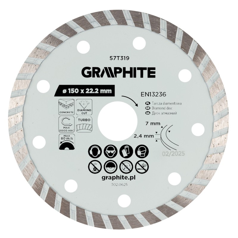 GRAPHITE 57T319 Tarcza diamentowa do cięcia turbo, 150 x 22.22 mm, na sucho
