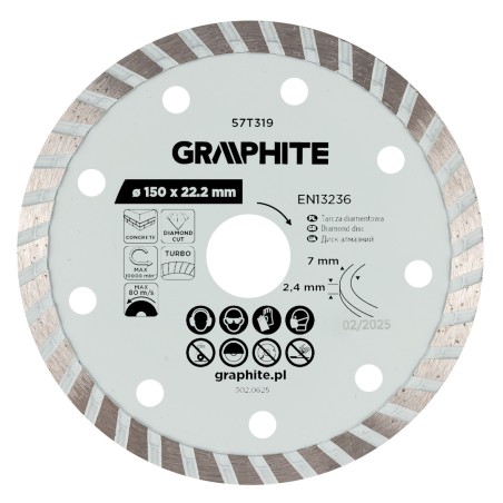 GRAPHITE 57T319 Tarcza diamentowa do cięcia turbo, 150 x 22.22 mm, na sucho
