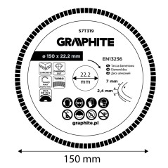 GRAPHITE 57T319 Tarcza diamentowa do cięcia turbo, 150 x 22.22 mm, na sucho 