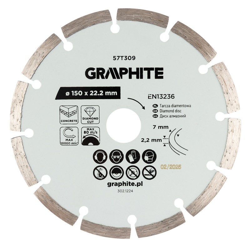 GRAPHITE 57T309 Tarcza diamentowa do cięcia segmentowa, 150 x 22.2 mm, na sucho