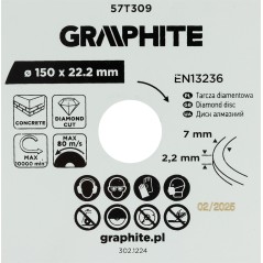 GRAPHITE 57T309 Tarcza diamentowa do cięcia segmentowa, 150 x 22.2 mm, na sucho 