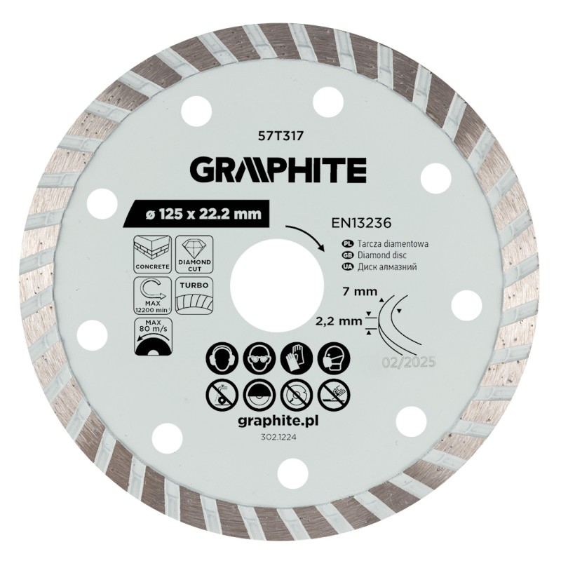 GRAPHITE 57T317 Tarcza diamentowa do cięcia turbo, 125 x 22.22 mm, na sucho